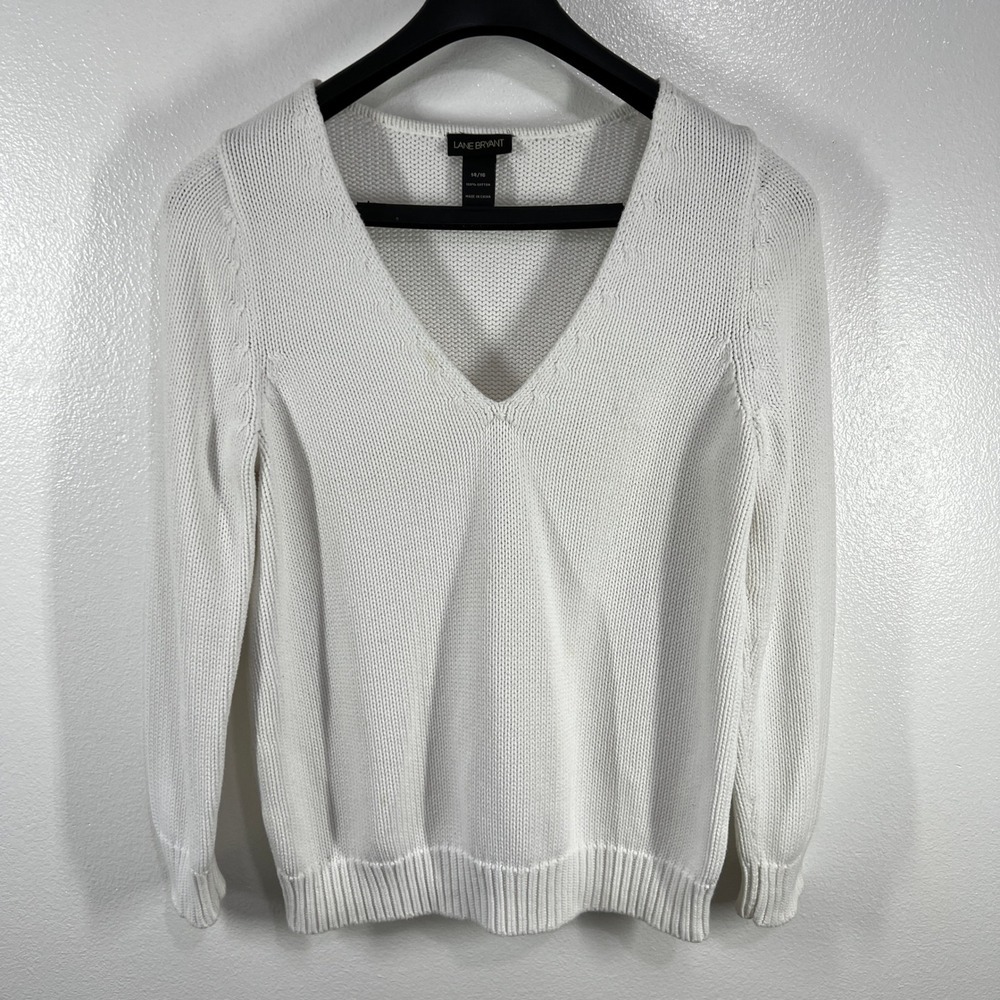 Lane‎ Bryant V-Neck Cotton Knit Sweater Classic Casual Comfy White Size 14/16